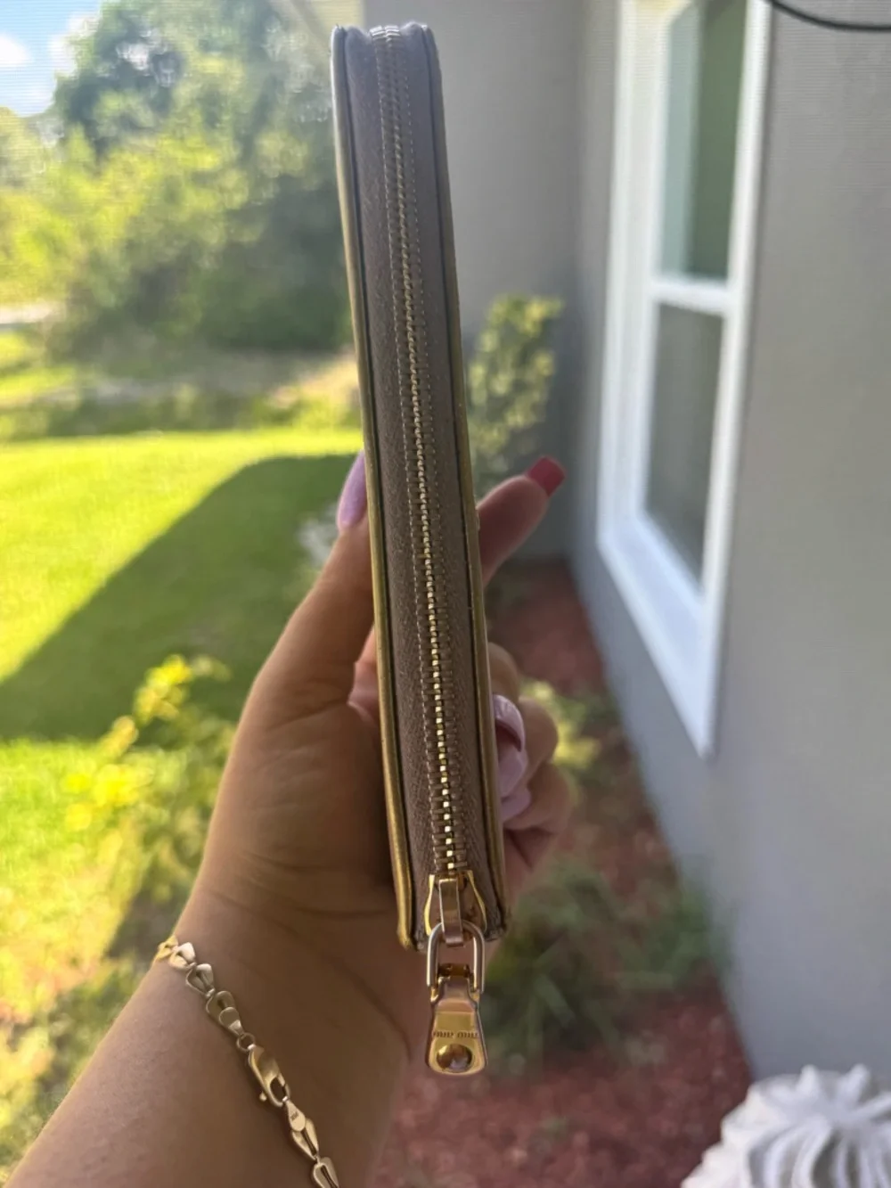 Miu Miu tan Leather Zip Wallet with Gold interior